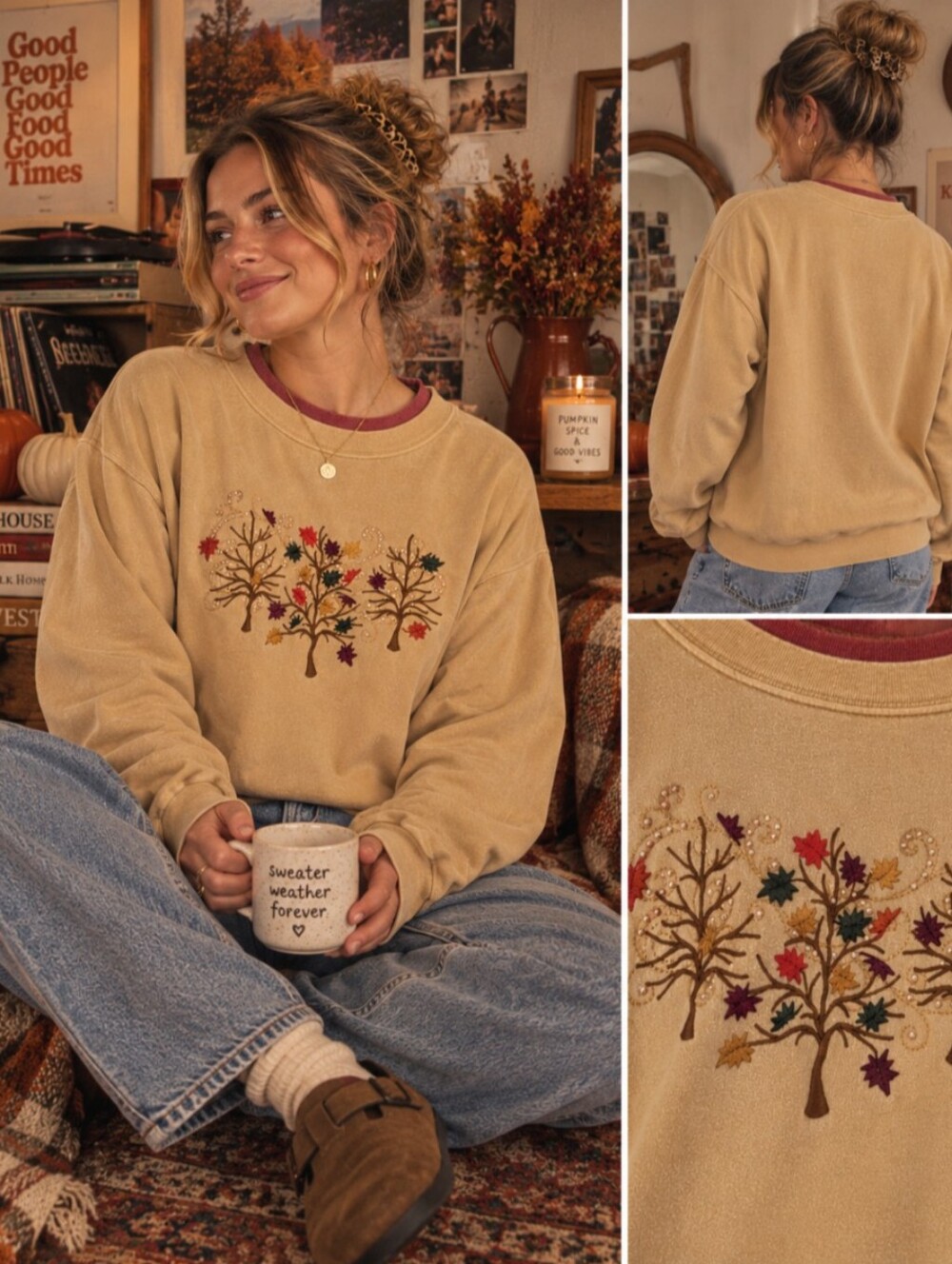 VintageY2K Decorated Originals Fall Embroidered Trees Sweatshirt Autumn Pullover